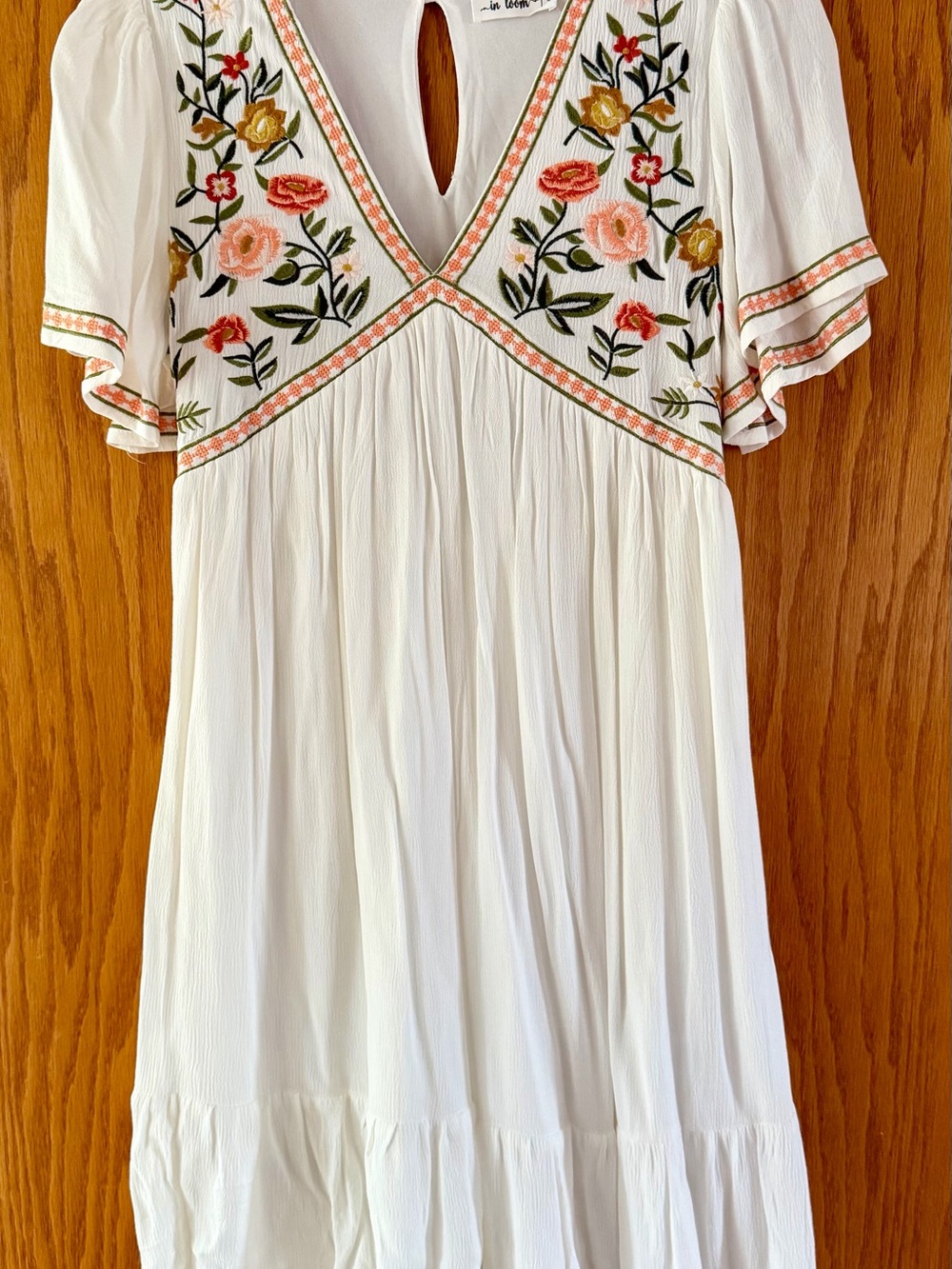 White Embroidered V-Neck Midi Dress - Floral Detail